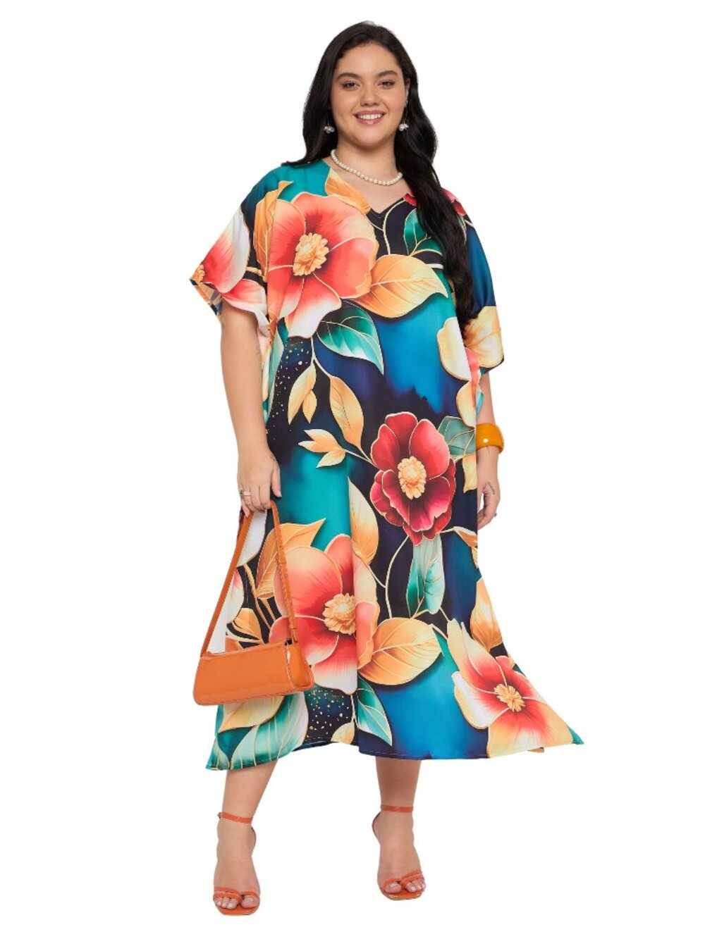 Plus Size Blue Floral Print V-Neck Kaftan Midi Dress Kimono Cover Up